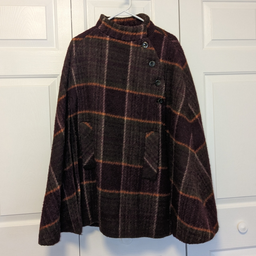 Hourihan wool plaid cape with asymmetrical button closure